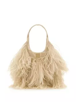 Атласная сумочка Miu Miu с перьями, нейтральный цвет