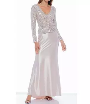 Атласная юбка из эластичного атласа Marina с длинными рукавами и v-образным вырезом, лиф с блестками спереди и закрученными деталями, платье Marina, серебро