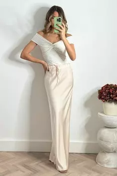 Атласная юбка-комбинация миди Sylvia с кулиской Style Cheat, бежевый