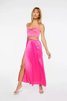 Атласная юбка макси с вырезом и разрезом Forever 21, розовый