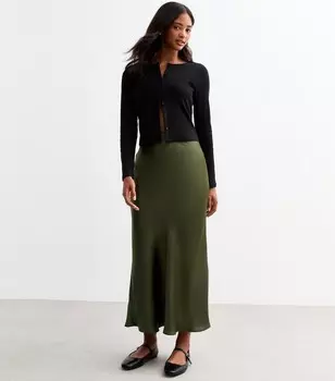 Атласная юбка-миди цвета хаки New Look, хаки