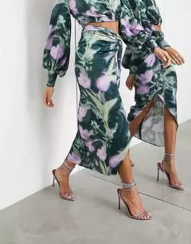 Атласная юбка миди с разрезом и разрезом спереди ASOS с размытым цветочным принтом