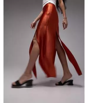 Атласная юбка миди с разрезом Topshop цвета ржавчины