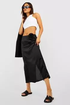 Атласная юбка миди с розовым корсажом Boohoo, черный