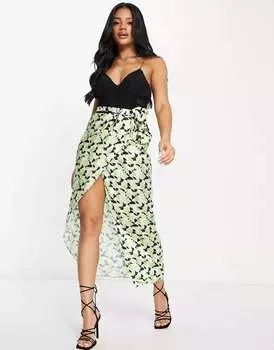 Атласная юбка миди с запахом ASOS с геопринтом