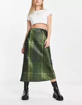 Атласная юбка миди в клетку цвета хаки ASOS DESIGN