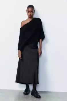 Атласная юбка миди ZARA, черный