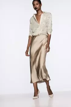 Атласная юбка миди ZARA, цвет caramel