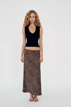 Атласная юбка миди ZARA, коричневый