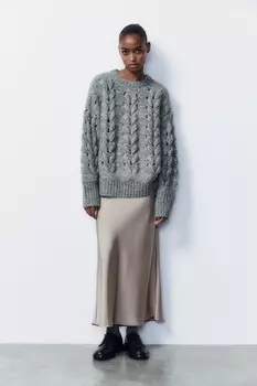 Атласная юбка миди ZARA, серо-коричневый
