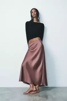 Атласная юбка миди ZARA, темно-розовый