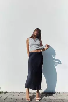 Атласная юбка миди ZARA, темно-синий