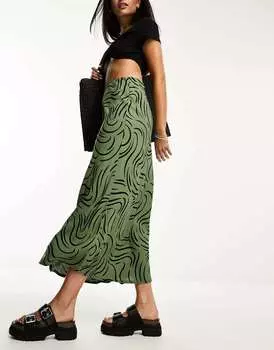 Атласная юбка миди зеленого цвета с завитками New Look
