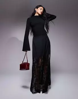 Атласная юбка с кружевным подолом черного цвета River Island