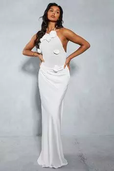 Атласная юбка с прозрачной сеткой и цветочной аппликацией Макси-платье MISSPAP, белый