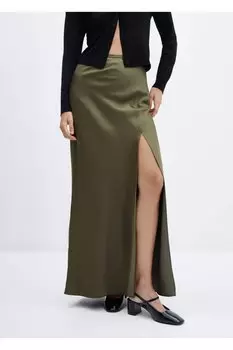 Атласная юбка с разрезами по бокам Mango, зеленый