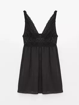 Атласная женская ночная рубашка с V-образным вырезом и кружевными деталями LCW DREAM, новый черный