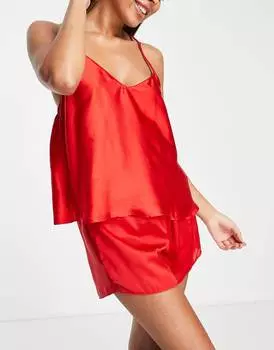 Атласно-кружевная майка и короткая пижама ASOS DESIGN красного цвета