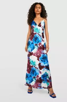 Атласное абстрактное платье-комбинация Boohoo, синий