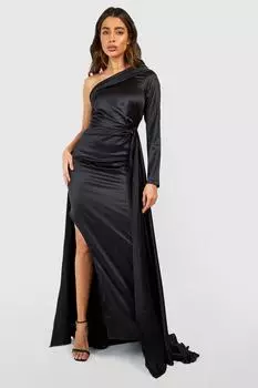 Атласное асимметричное платье макси с драпировкой Boohoo, черный