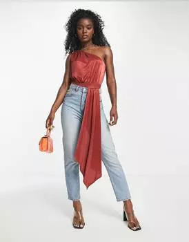 Атласное боди на одно плечо цвета ржавчины ASOS DESIGN