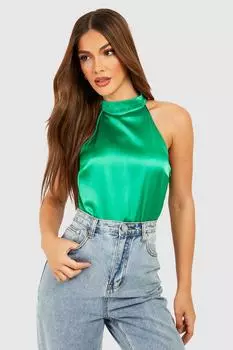 Атласное боди с высоким воротом Boohoo, изумрудный
