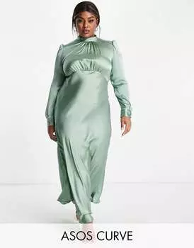 Атласное чайное платье макси с высоким воротником ASOS DESIGN Curve