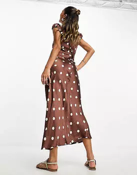 Атласное чайное платье миди ASOS DESIGN с кружевной отделкой шоколадного цвета