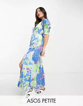 Атласное чайное платье миди с манжетами и завязкой спереди ASOS DESIGN Petite с цветочным принтом