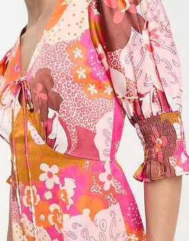 Атласное чайное платье миди с манжетами и завязкой спереди ASOS DESIGN Tall с цветочным принтом