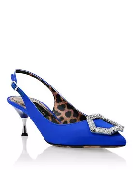 Атласное декольте с открытой пяткой на низком каблуке Crystal Hexagon Philipp Plein, цвет Middle Blue