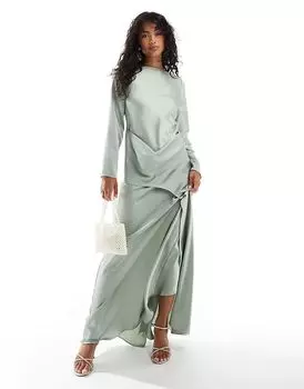 Атласное длинное платье цвета шалфея ASOS DESIGN