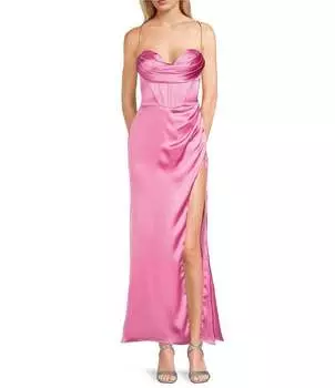 Атласное длинное платье с корсетом GB Social с воротником-хомутом и разрезом сзади на шнуровке, розовый