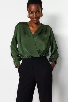 Атласное двубортное тканое боди цвета хаки Trendyol