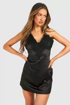 Атласное кружевное мини-платье на бретельках boohoo, черный