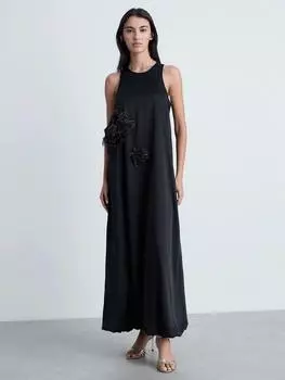 Атласное макси-платье с цветочным корсажем flor Mango, черный