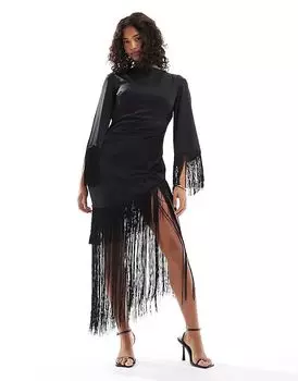 Атласное макси-платье с кисточками черного цвета TFNC