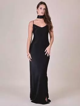 Атласное макси-платье с косым вырезом и капюшоном из полленки Rewritten, черный