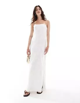 Атласное макси-платье с жаккардовым принтом белого цвета Abercrombie & Fitch