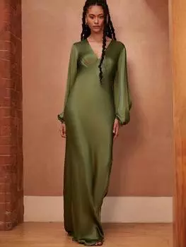 Атласное макси-платье valencia с длинным рукавом косого кроя Rewritten, цвет Olive Green