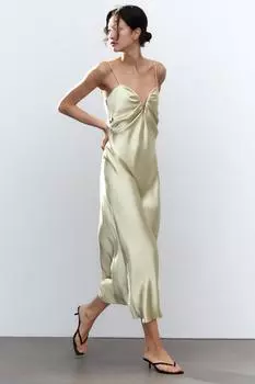 Атласное миди-платье с вырезом в виде сердечка ZARA, цвет Oil