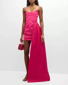 Атласное мини-платье Brenda без бретелек со съемным шлейфом Sau Lee, цвет Pink Overflow