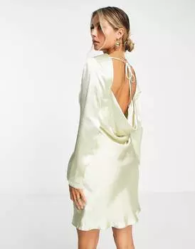 Атласное мини-платье цвета устрицы с воротником-хомутом и открытой спиной ASOS DESIGN