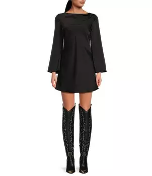 Атласное мини-платье Gianni Bini Dionne с вырезом лодочкой и длинными рукавами, черный