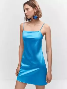 Атласное мини-платье-комбинация Mango, синее