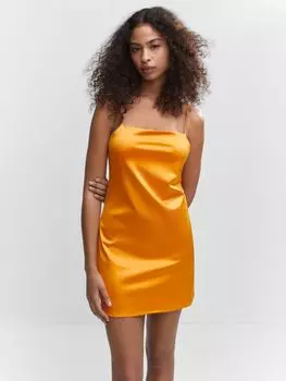 Атласное мини-платье-комбинация Mango, желтое