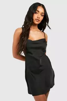 Атласное мини-платье-комбинация с воротником-хомутом boohoo, черный