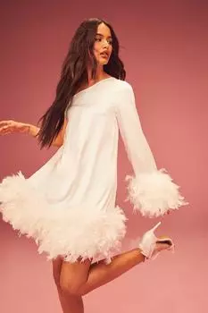 Атласное мини-платье premium feather на одно плече Boohoo, белый