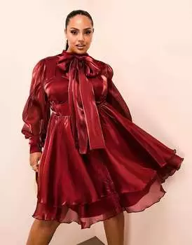Атласное мини-платье с длинными рукавами и бантом ASOS LUXE Curve