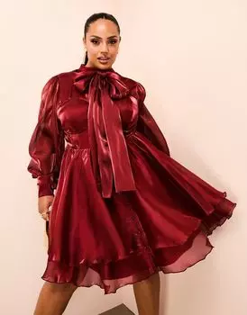 Атласное мини-платье с длинными рукавами и бантом ASOS LUXE Curve
